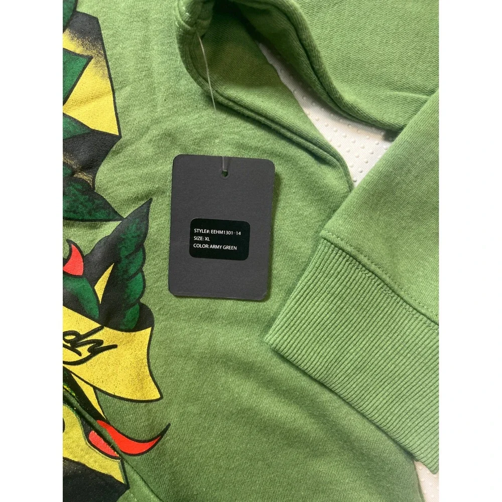 Ed Hardy Hoodie Mens XL Army Green NEW Rose Tattoo Graphic Full Zip EEHM1301-14